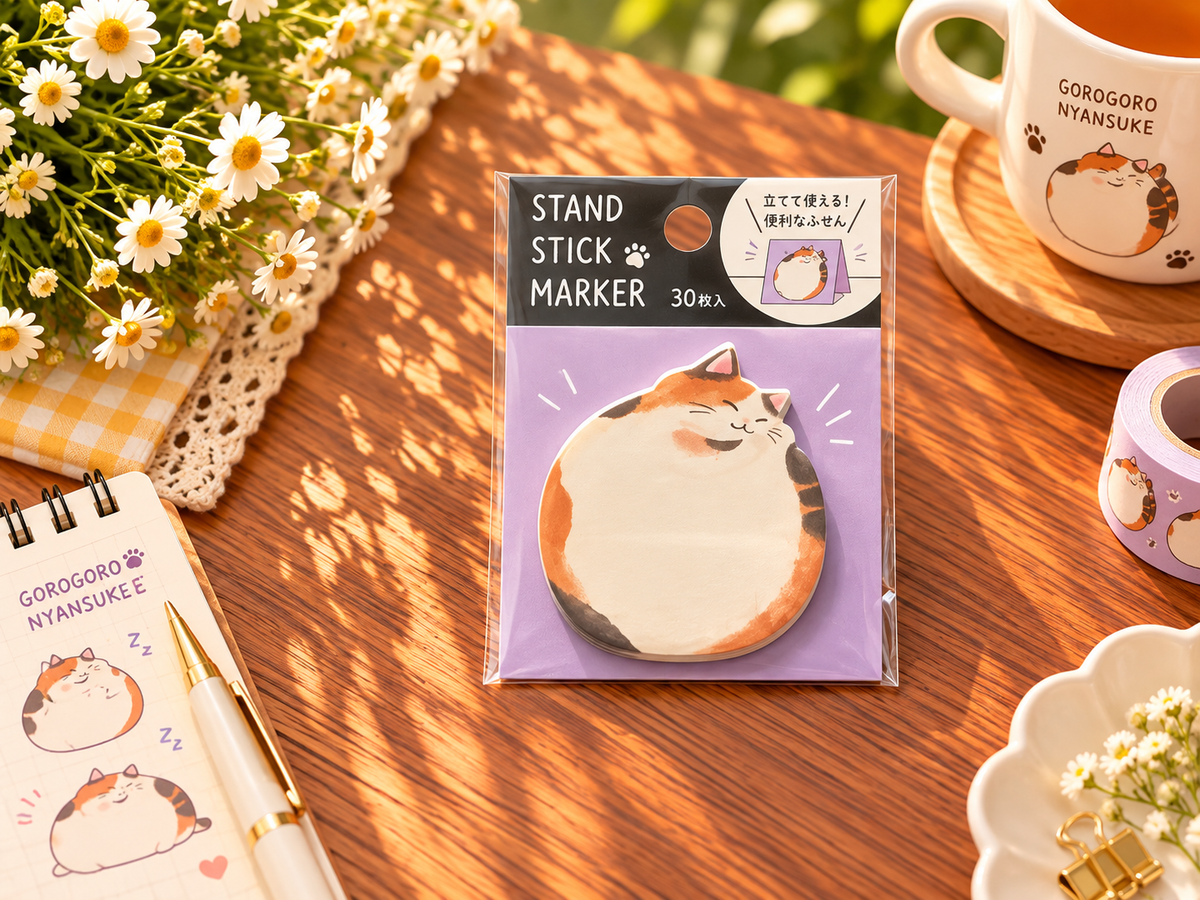 Cute Chubby Calico Cat Stand-Up Sticky Note Marker