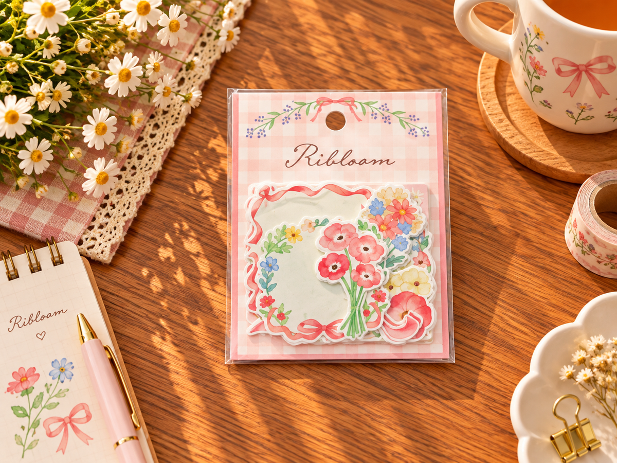 Cute Pink Floral Ribbon Decorative Sticker Set