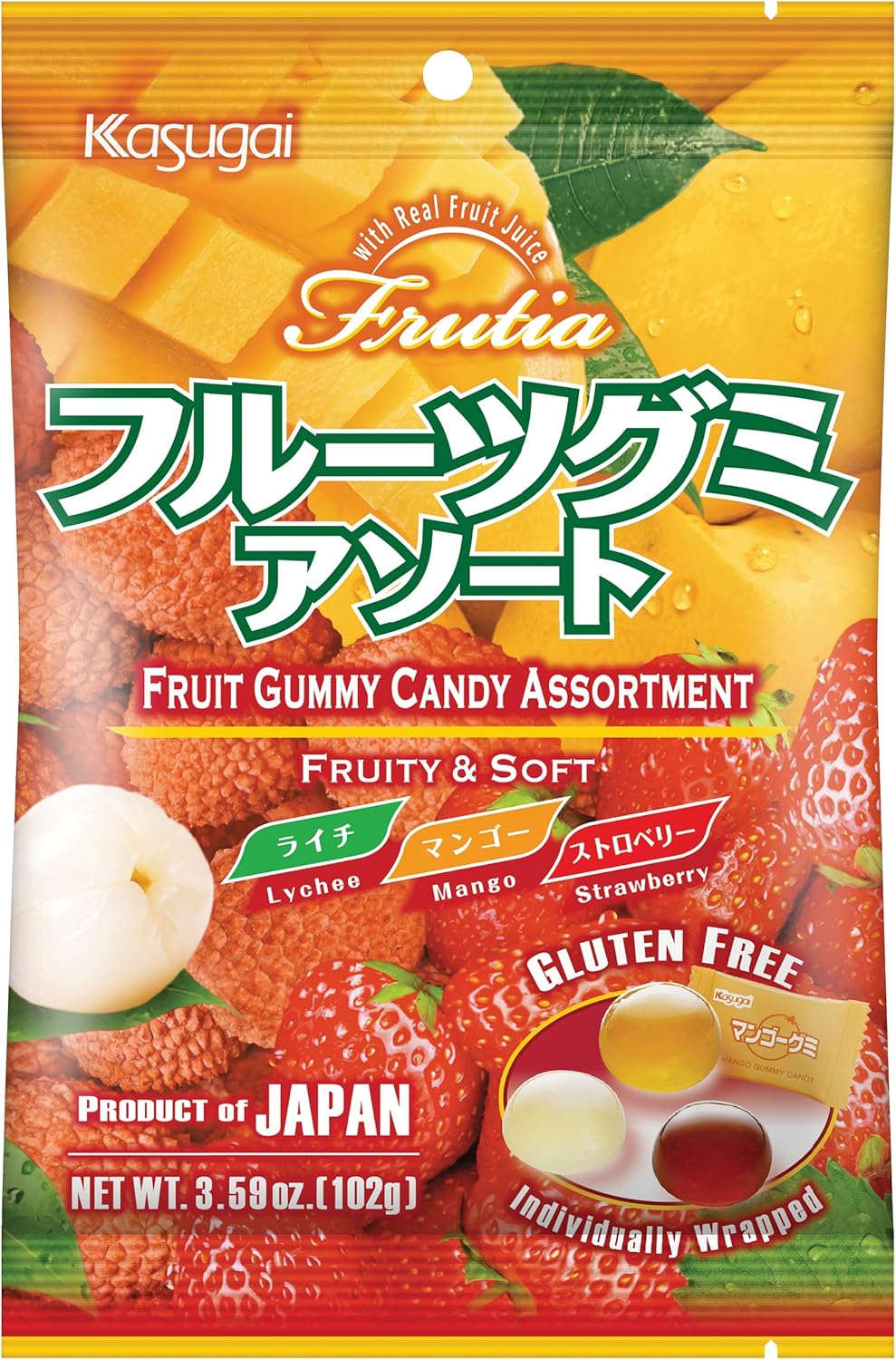 Kasugai Gummy Mix Flavour Strawberry, mango and lychee 102g